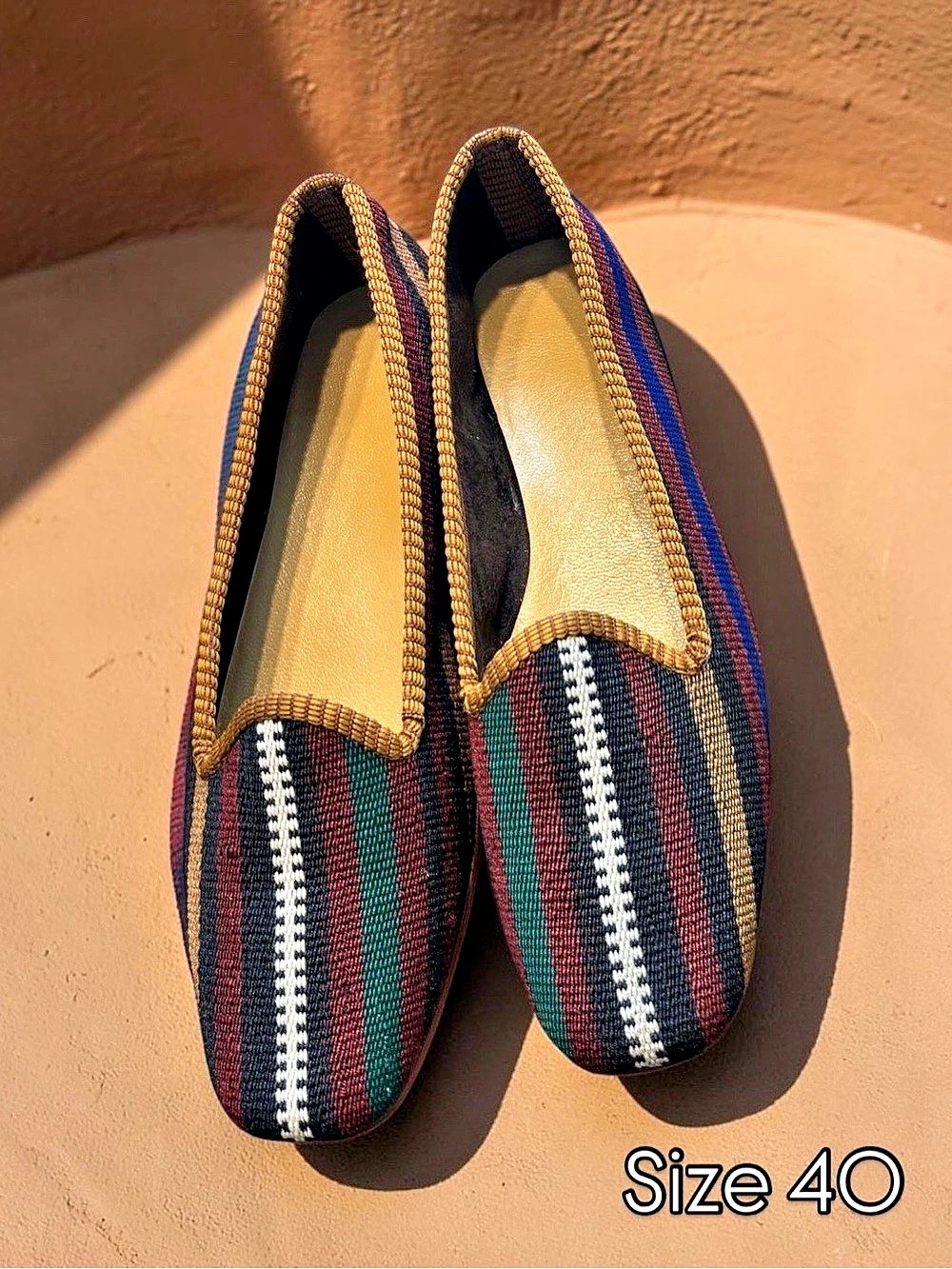 New Woman’s Turkish Kilim slip on’s. Striped Flats in Green & Red EU 40